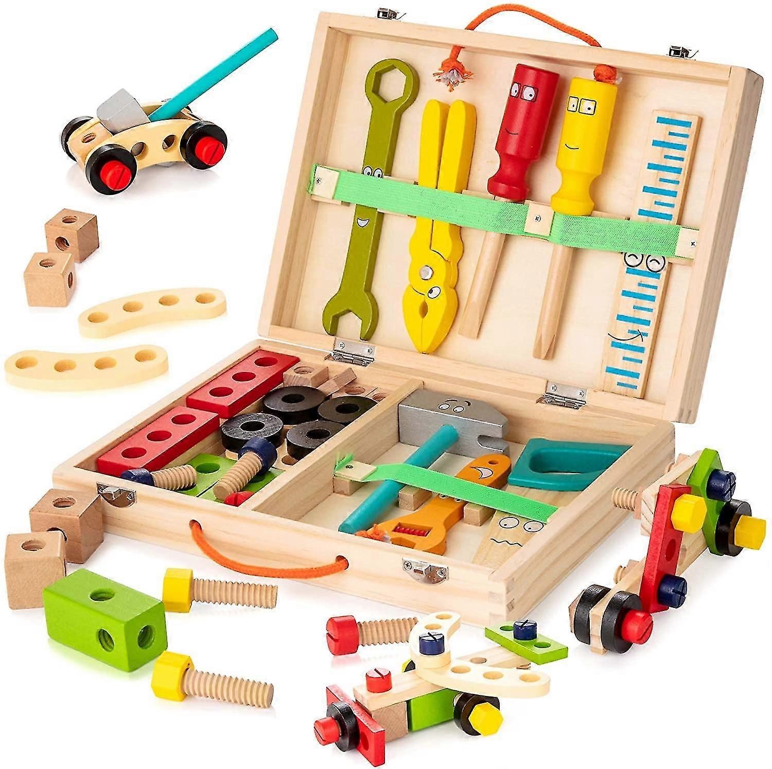 Tool Kit For Kids, Wooden Tool Box With Colorful Building Toy Set
