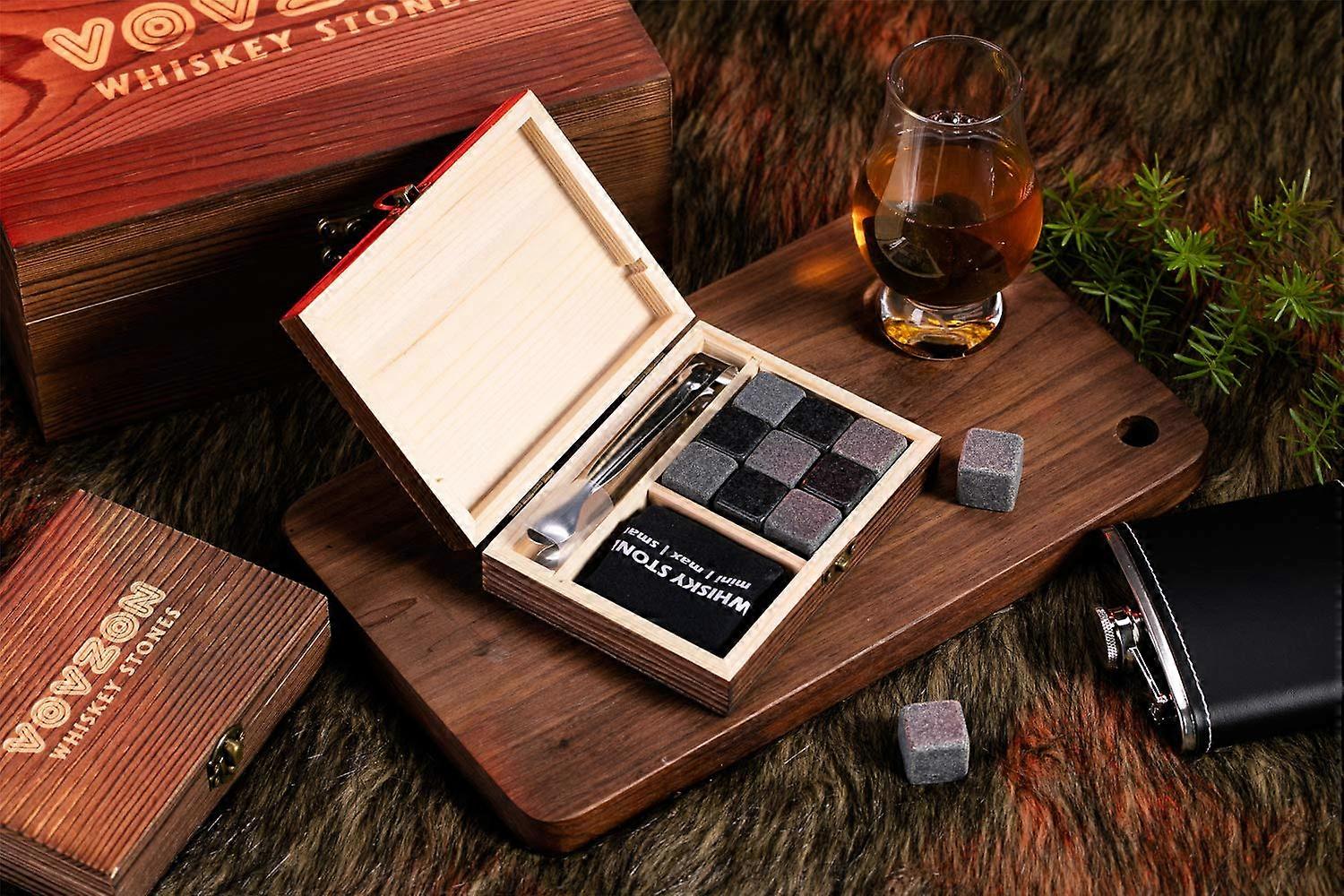 Whiskey Chilling Stones Gift Set for Men - 9 Whisky Scotch Bourbon Stones in Wooden Box