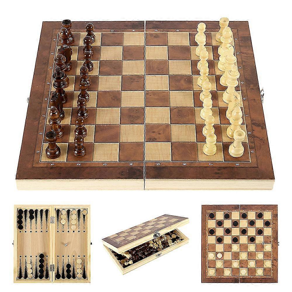 3 IN 1 Wooden International Chess Set Backgammon Board Games Checkers Puzzle Game Folding Chessboard