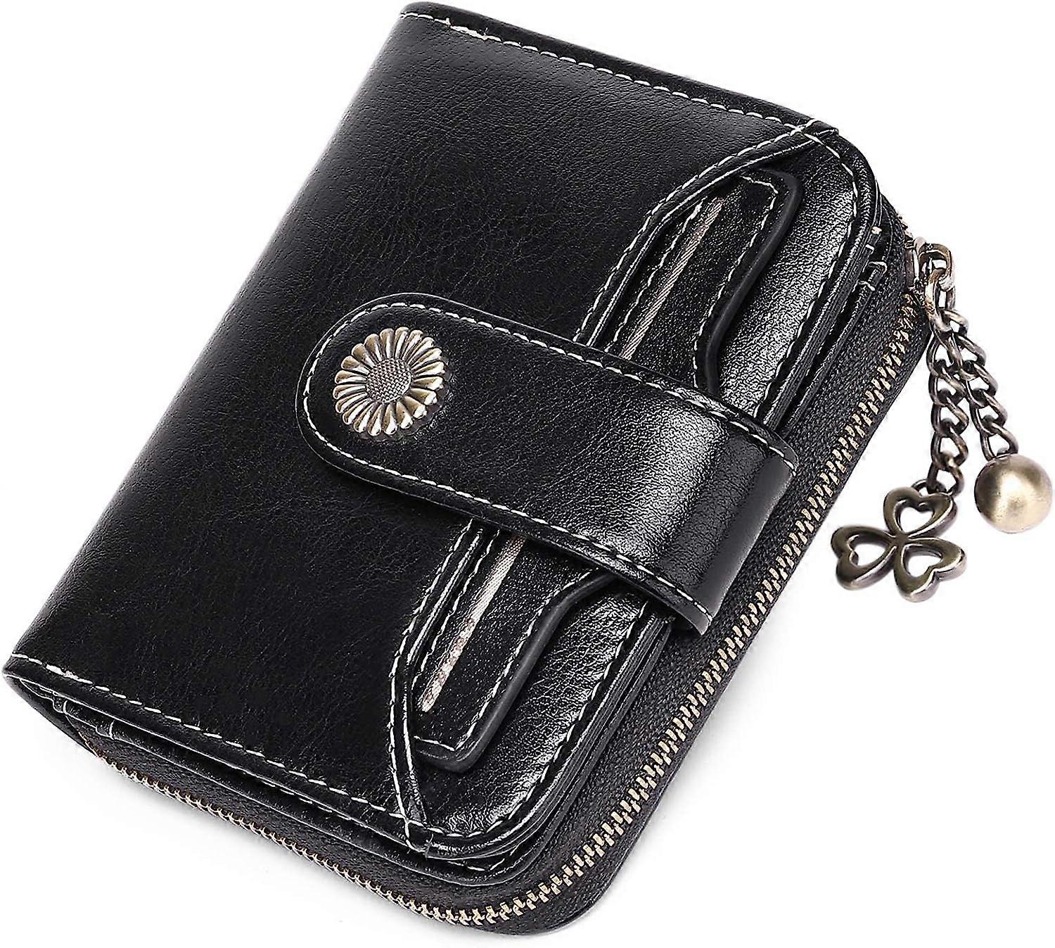 Black Women's Wallet Short Leather Wallet Women's RFID Blocking Wallet Women's Small Zipper Wallet