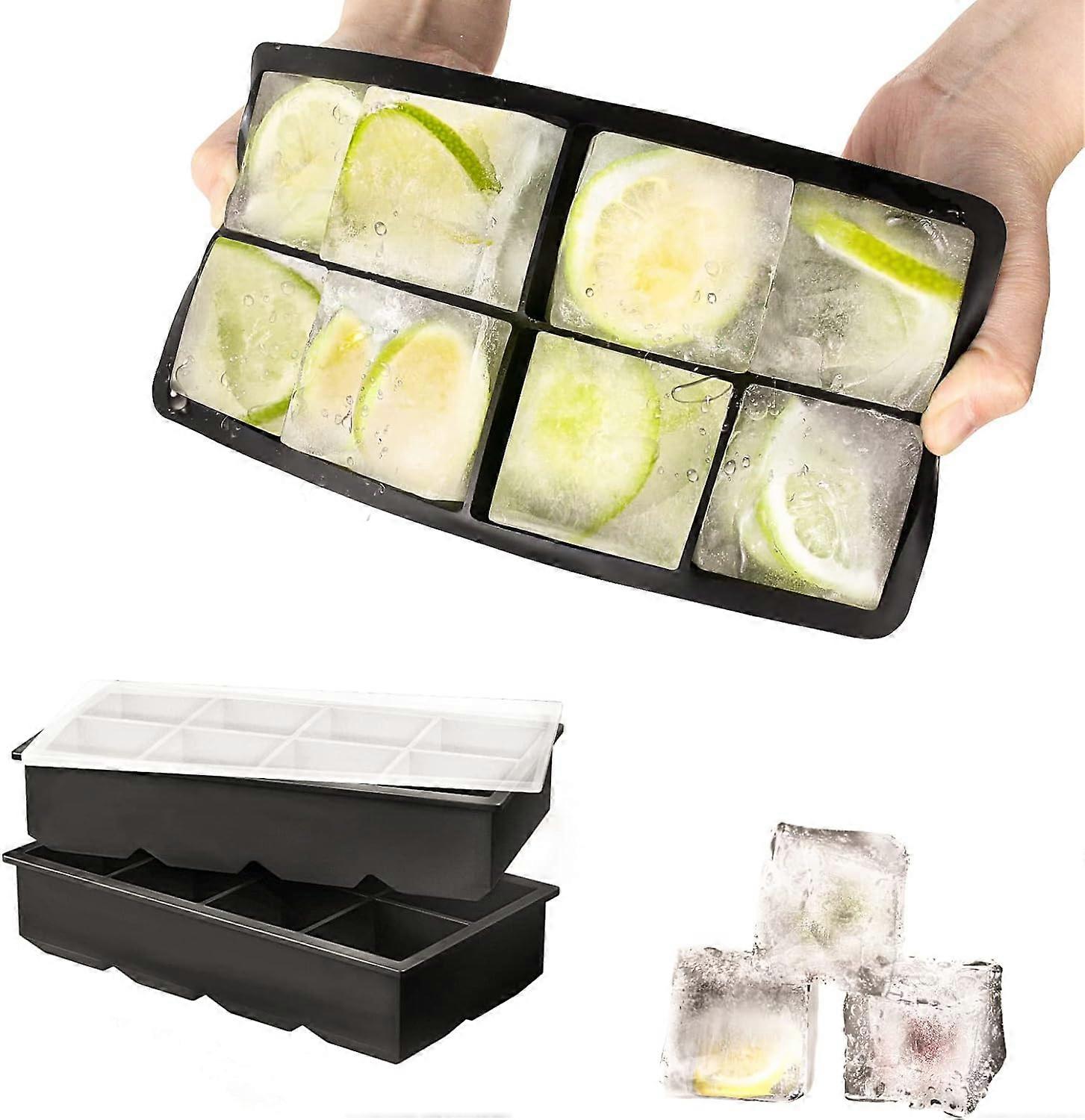 Set of 2 XXL Silicone Ice Cube Trays with Lid - 8 Compartments - 5 cm - for Beer, Cocktails, Whiskey (with Lid)