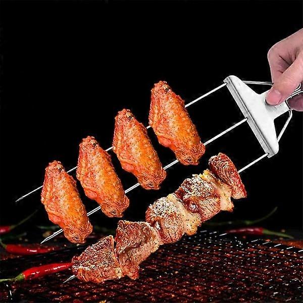 New 3-Prong Stainless Steel Skewers for Grilling, Kebab Metal Grill Skewers, Easy-to-Use Push Bar Slider, Must-have BBQ Accessory