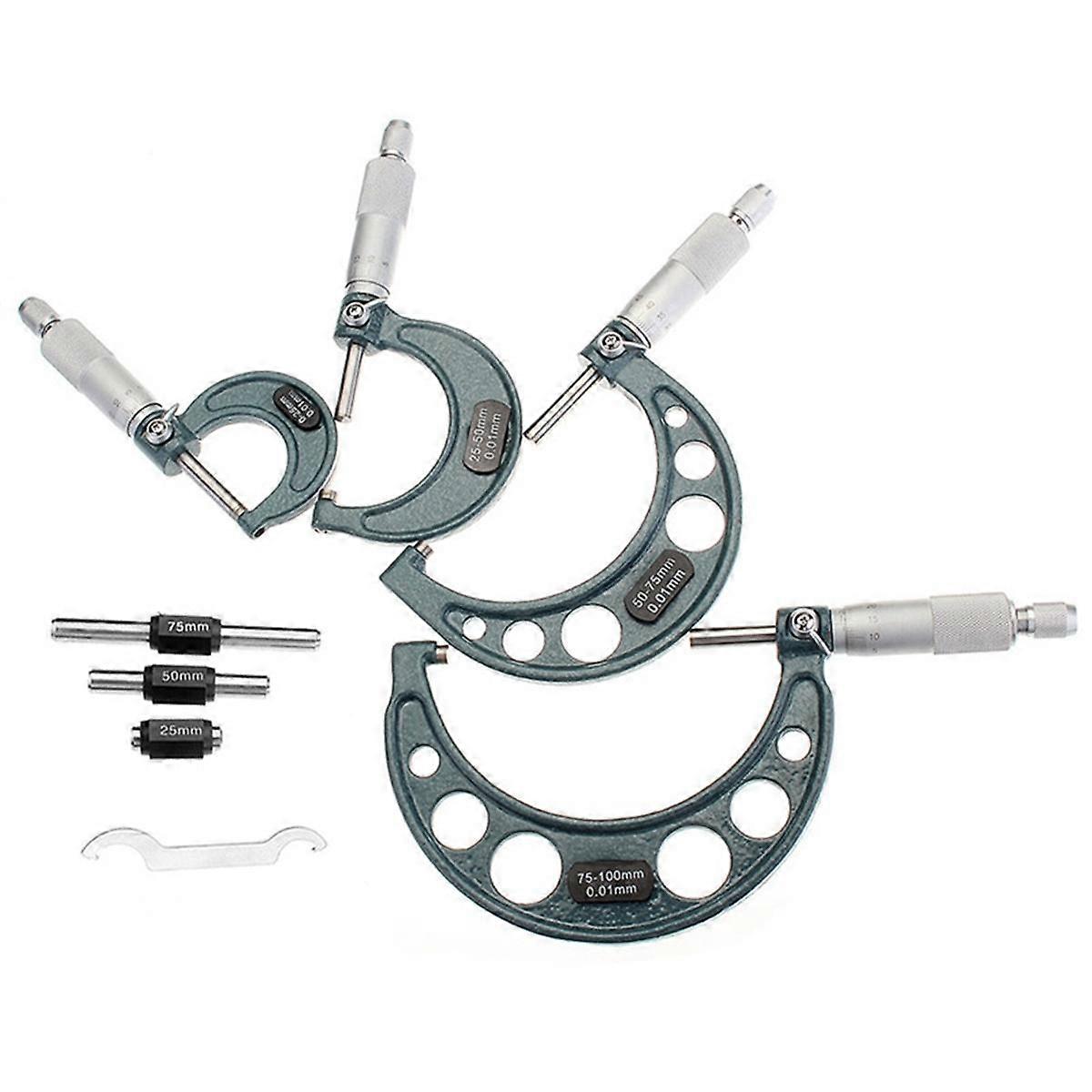 4Pcs Outside Micrometer Set Machinist Tool 0-4Inch 0-100mm 4 Precision 0.01mm Accuracy Carbide Micrometer Set