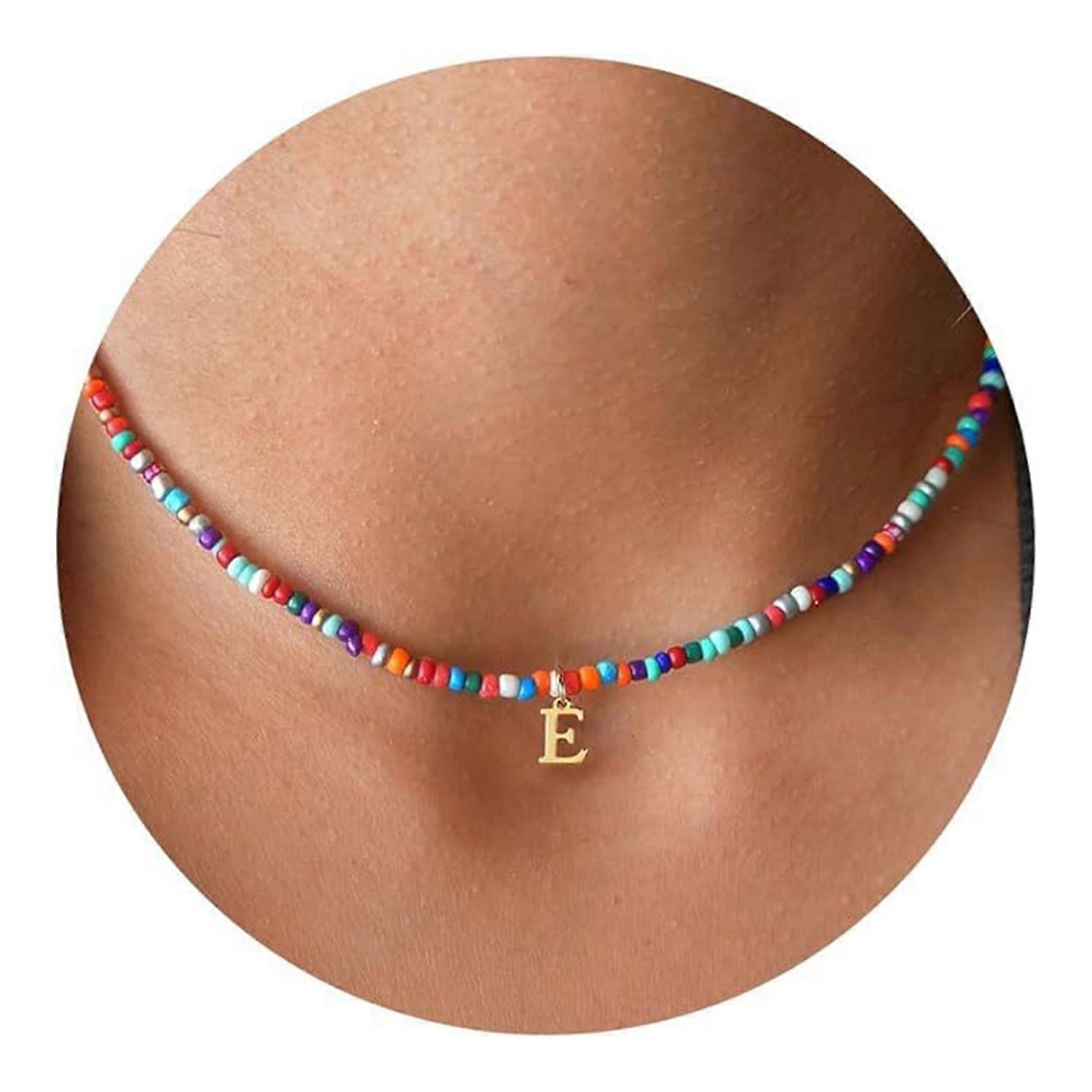 Collier pour femme avec pendentif lettre, longueur réglable et allongée, style ethnique rétro, perles de riz colorées