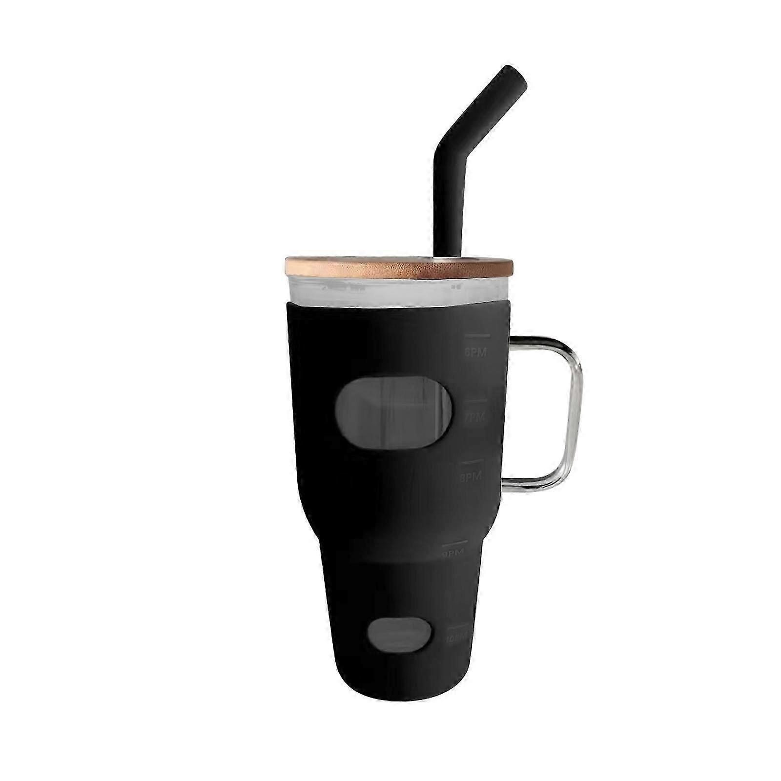 זכוכית עם מכסה במבוק וקש, קפה קר 32 אונקיות עם ידית, קש בובה וקש שתייה מתאים למחזיק כוסות