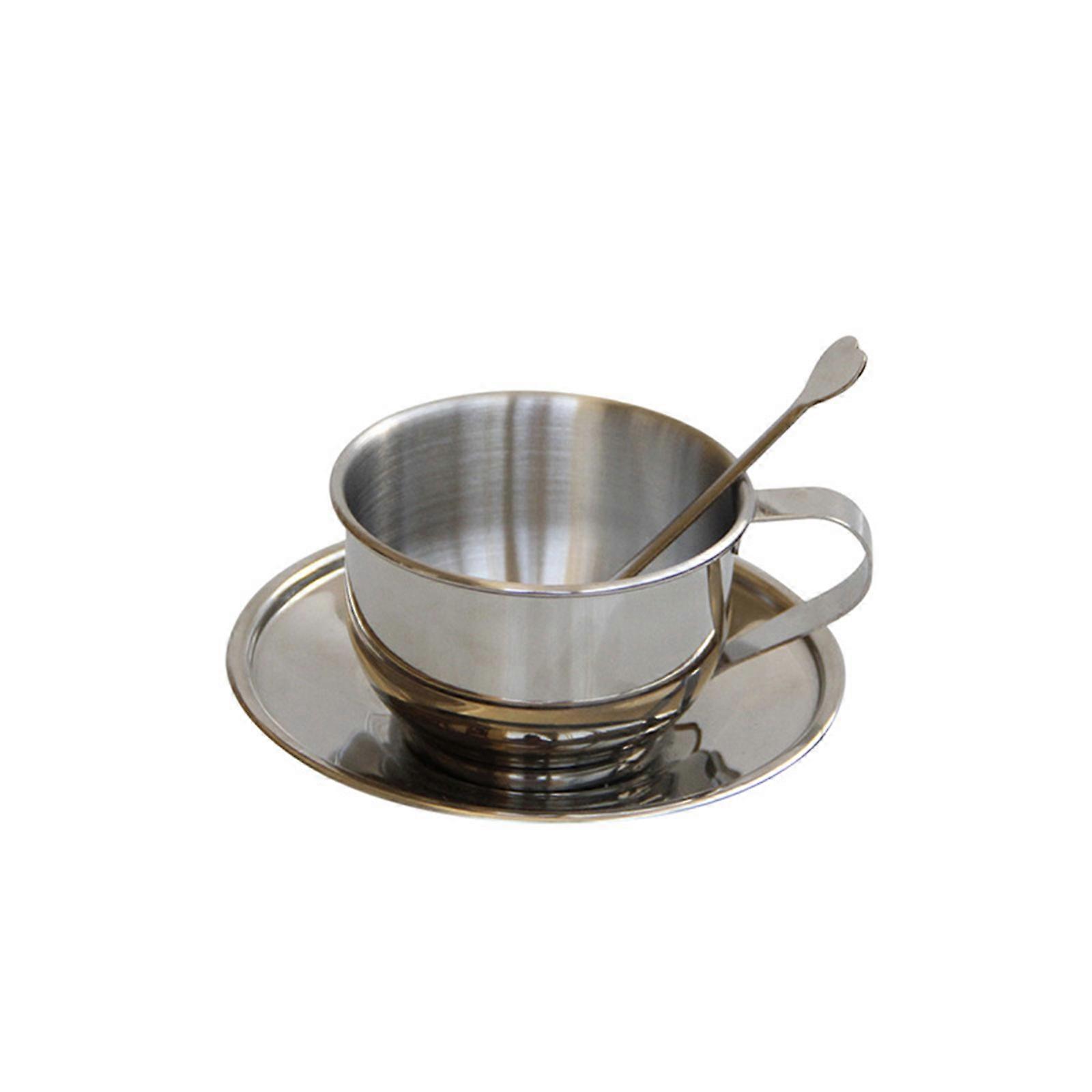 Double walled Insulated Coffee Cups Set Retro Coffee Latte Teas Cups with Spoon and Saucer for Latte,Milk,Teas,Espresso Silver