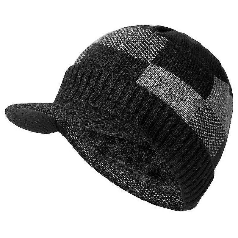 High Quality Cotton Add Fur Lined Brim Winter Hats Casual Beanies Hat For Men Square Block Design Wool Knitted Hat