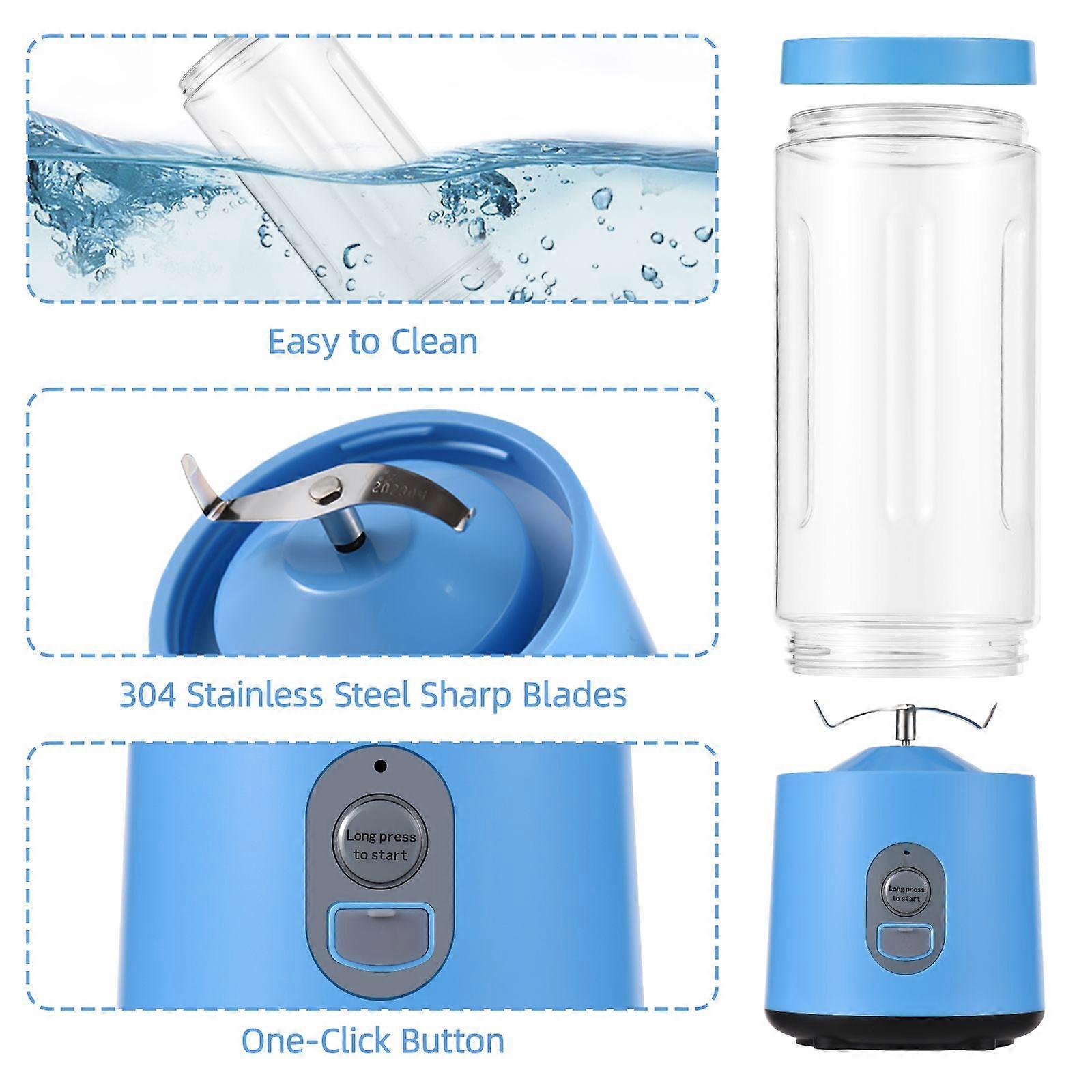 Portable Blender USB Rechargeable 15oz Personal Blender for Shakes and Smoothies Waterproof Leakproof-Lid Stainless Steel Blades Fresh Juice Blender f