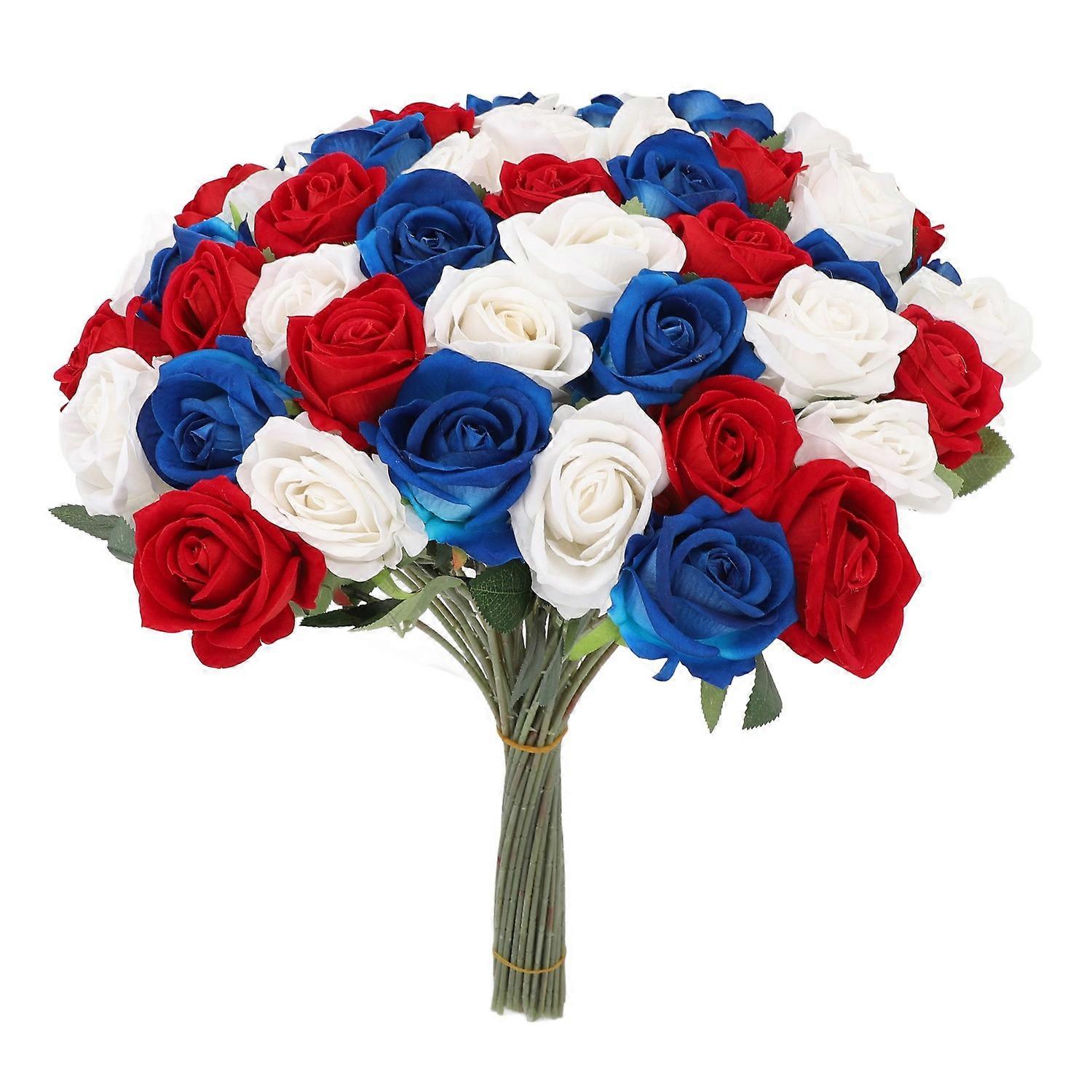 50 Pieces Set Artificial Rose Red Blue White Realistic Rose Bouquet for Table Decoration Memorial Da