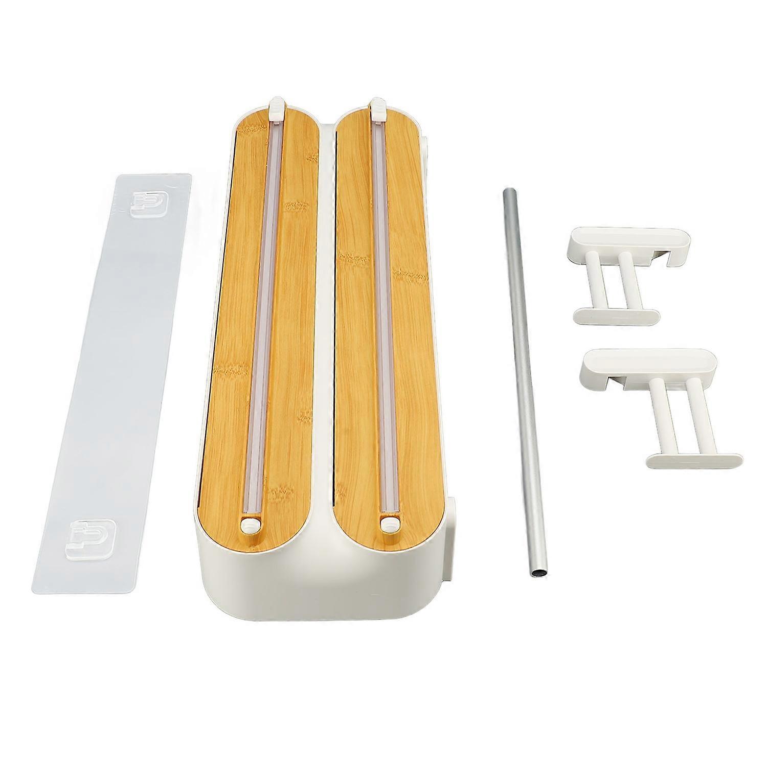 Plastic Wrap Dispenser Innovative Wooden Grain Adjustable Wall 3 In 1 Wrap Organizer with Cutter for