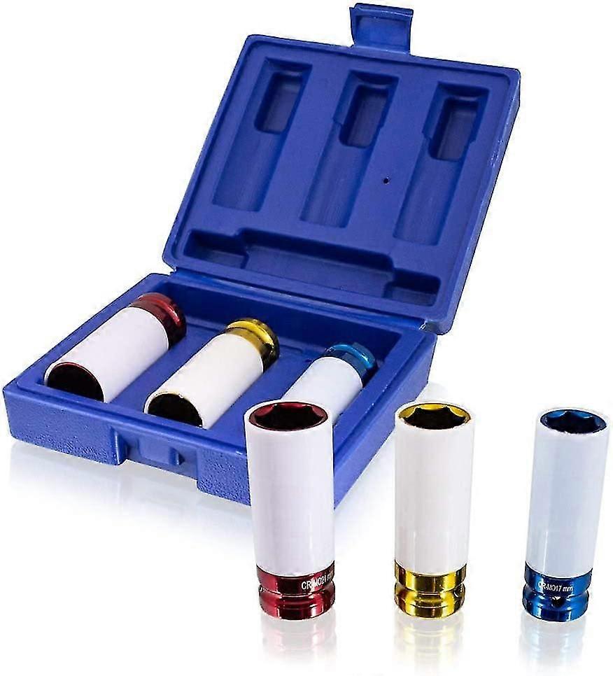 Set Of 3 Impact Sockets Socket Wrench Car Wheel Change Car, 1/2" (17 Mm / 19 Mm / 21 Mm)