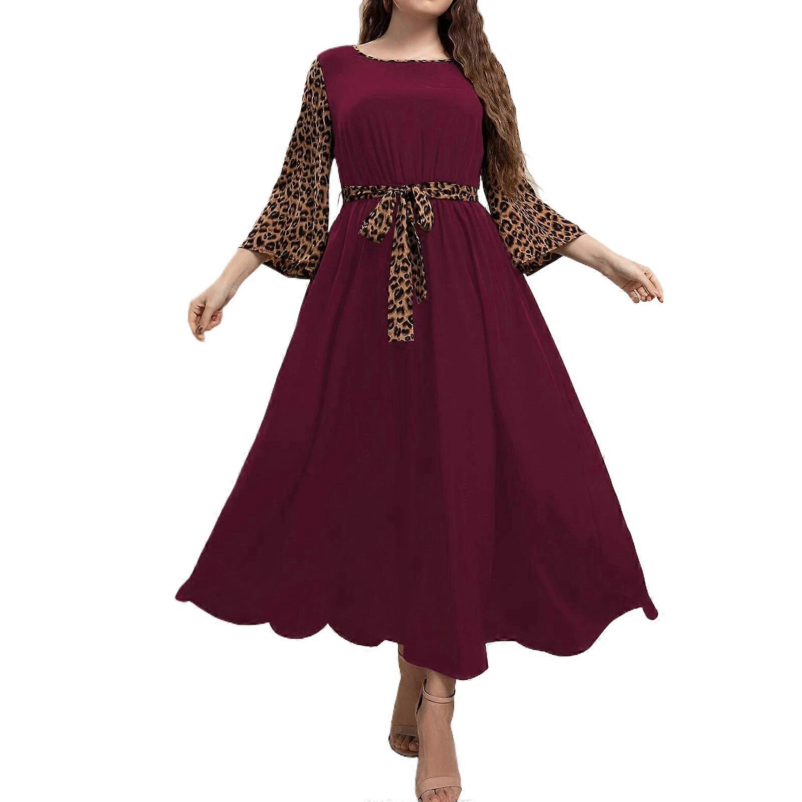 Rahat Uzun Kollu Elbise Yumuşak Ve Nefes Alabilir Polyester Yuvarlak Boyun Patchwork Elbise Çeşitli Durumlar İçin Bordo XL