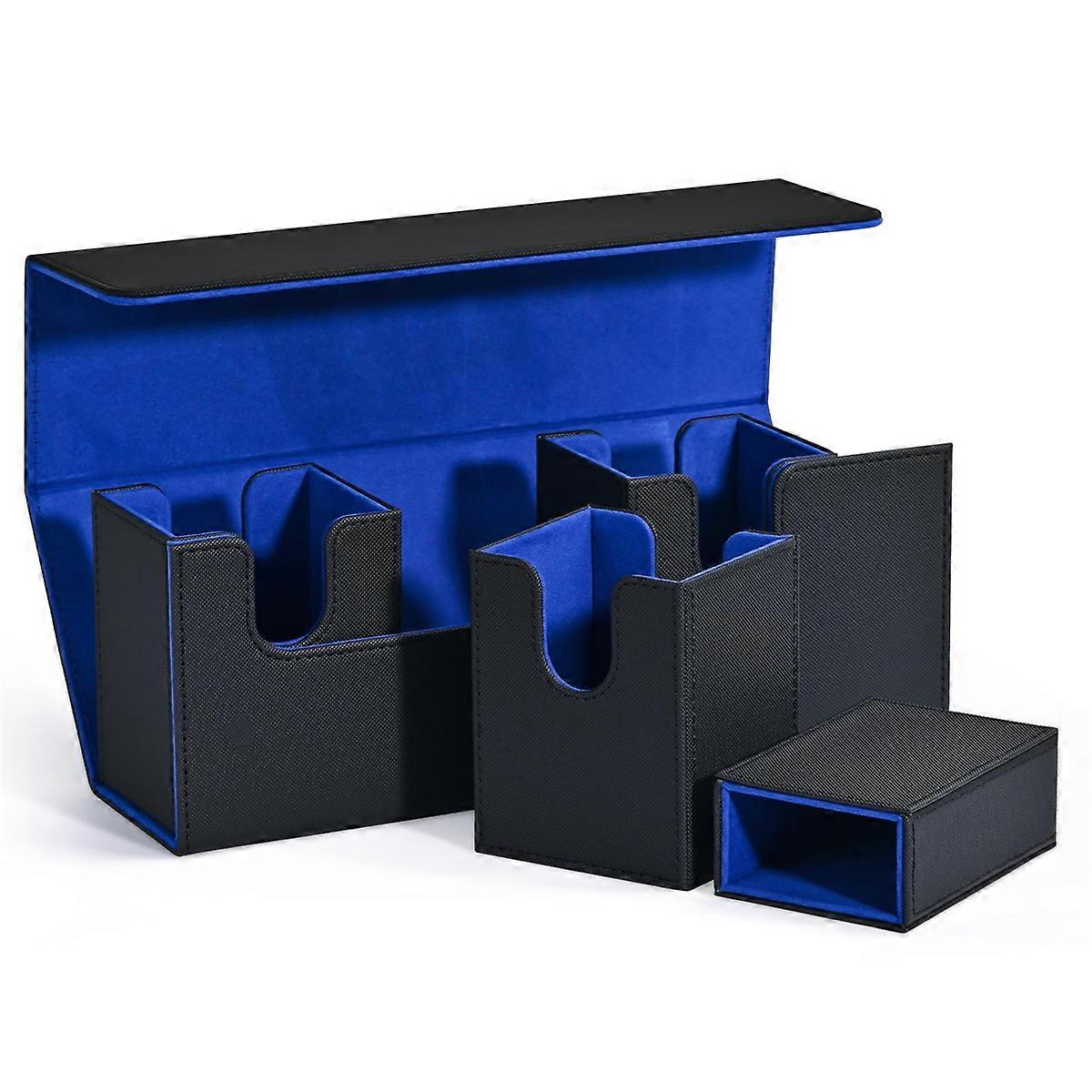 Card Storage Box with Dice Tray, Magnetic Card Organizer Black+Blue