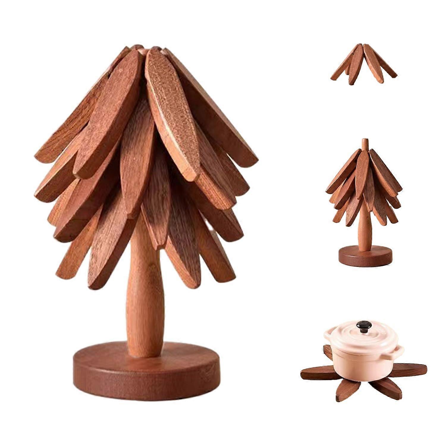 Tree Coasters Set With 4 Wooden Trivets And Stand, Foldable Trivets For Hot Pots And Pans, Style-A