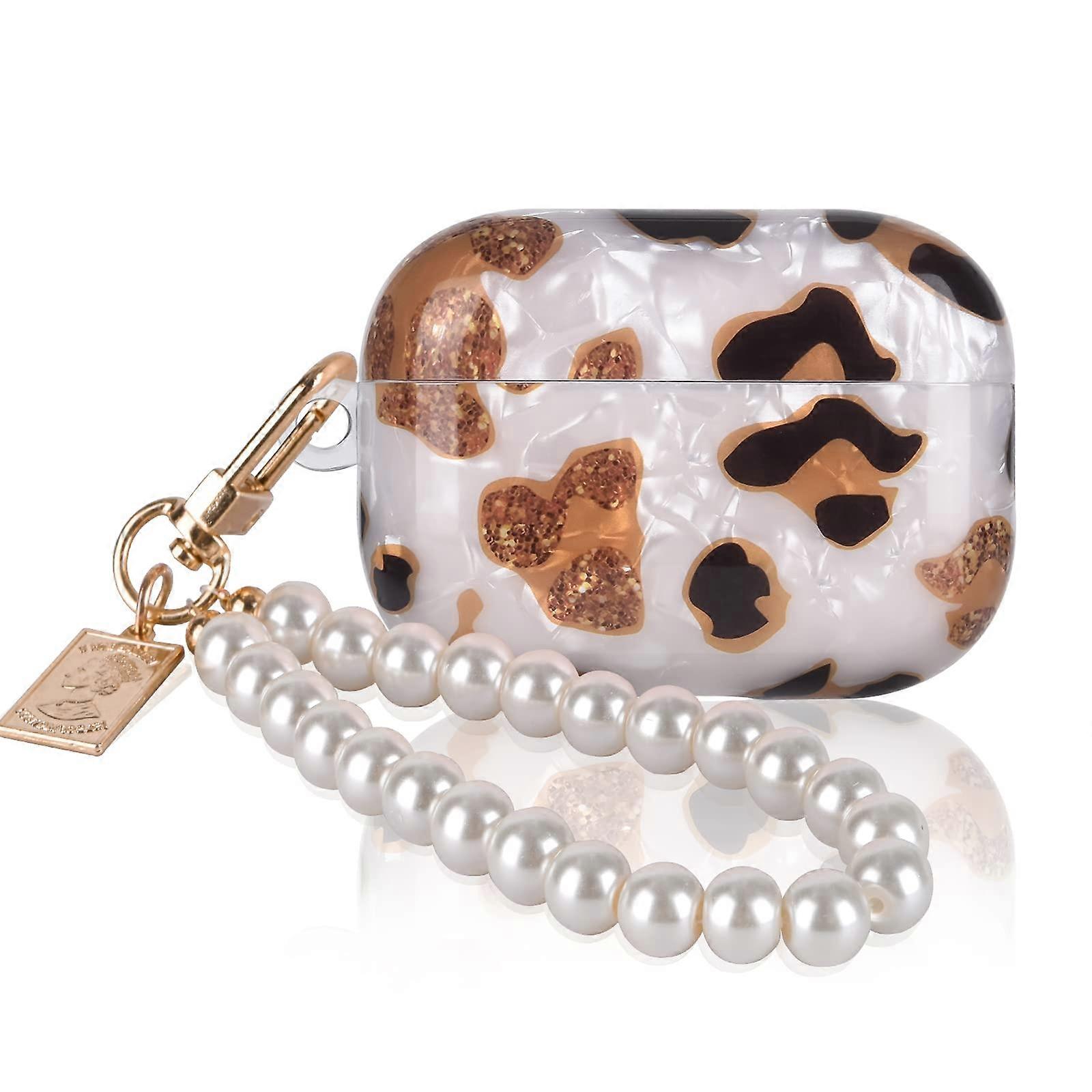 Leopard Case for Airpods Pro with Pearl Keychain, Stylish Silicone Cover, Compatible Protective Accessory