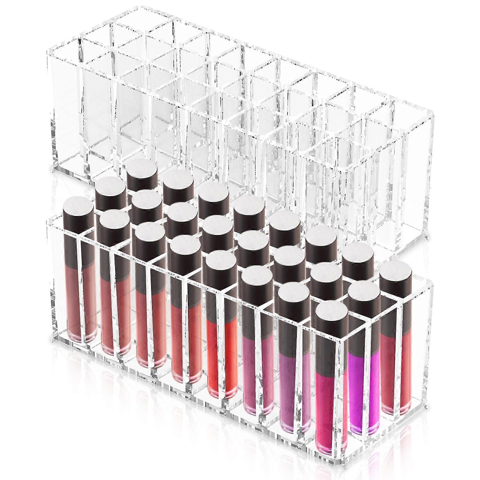 Acrylic Lipstick Organizer Set of 2, 24 Slot Clear Lipstick Holder for Lip Gloss, Makeup Brushes, and Cosmetics Storage