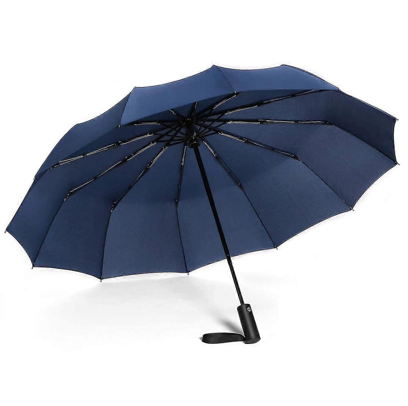 12 Ribs Handheld Folding Umbrella Windproof Compact Travel,auto Open/close Large Rain Umbrellas, Blue