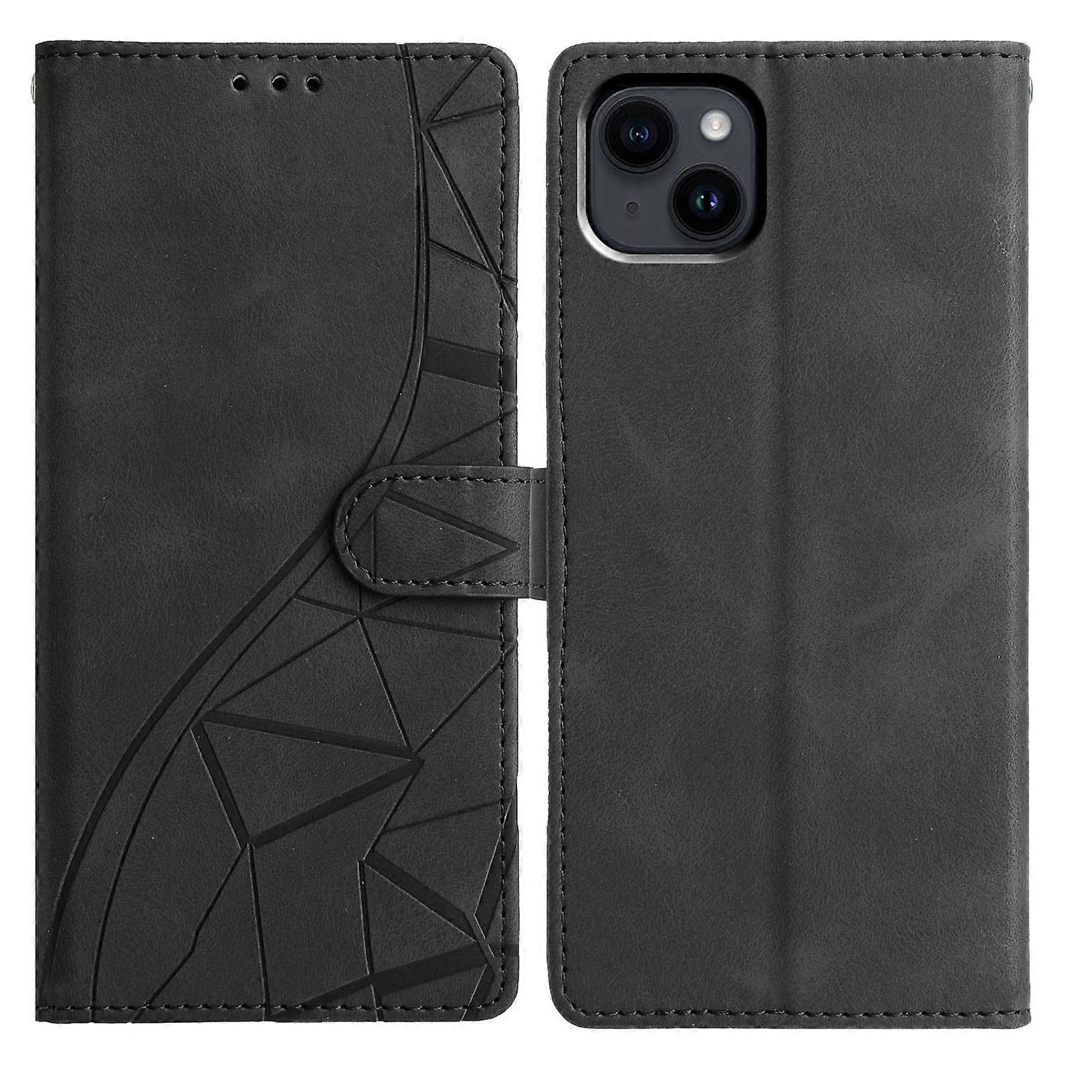 For iPhone 15 Case Wallet Stand Imprinted Triangle Pattern Leather Phone Flip Cover