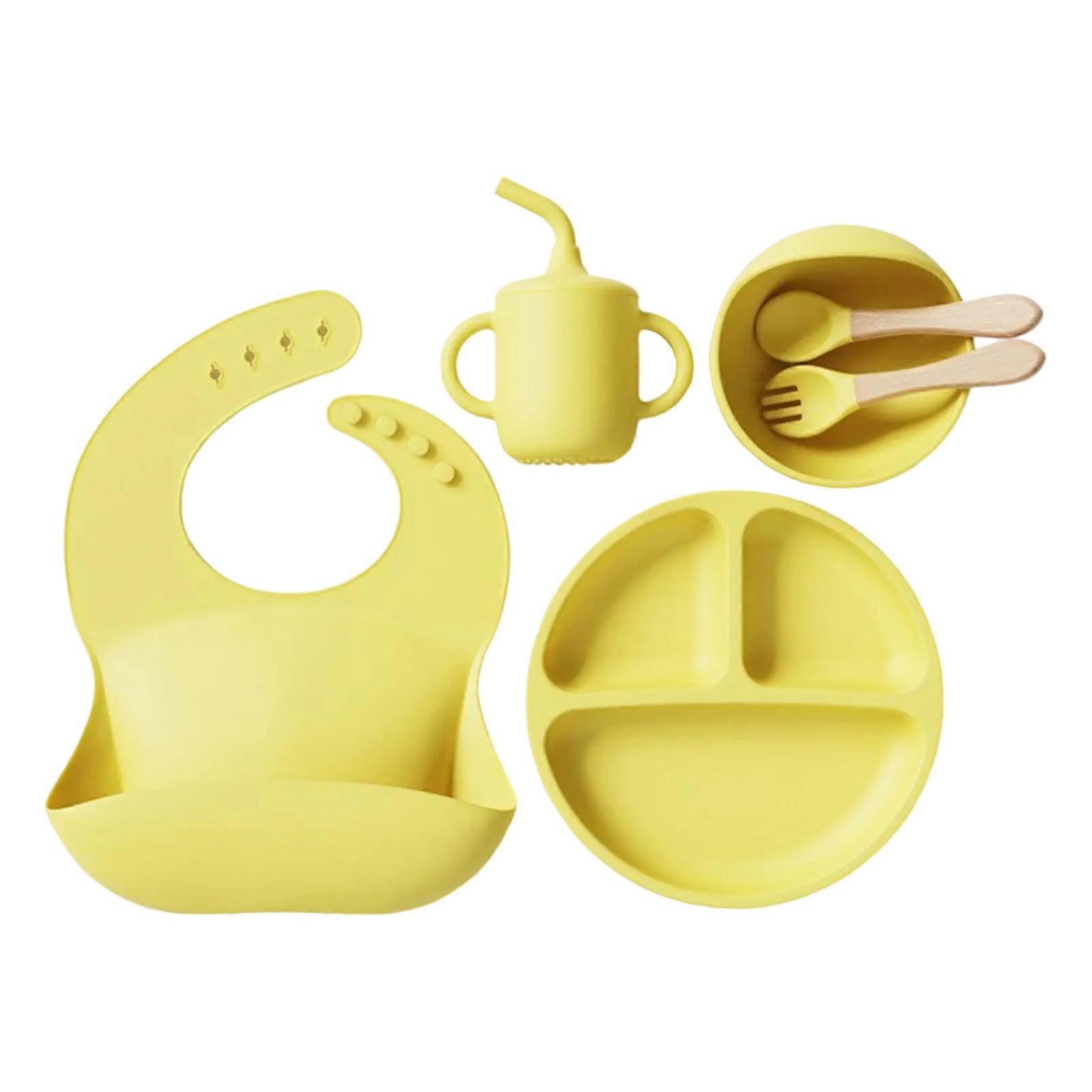 Infant Feeding Set Suction Dinning Plate and Bowl Silicone Utensils for Baby Weaning and Easy Feeding with Spoon Yellow