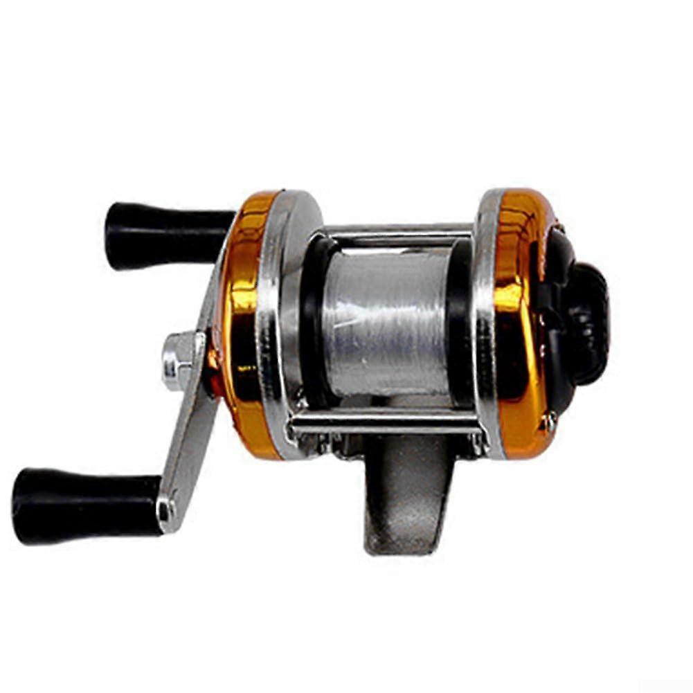 Improved grip, ice fishing reel with two buttons and metal frame gold (metal)