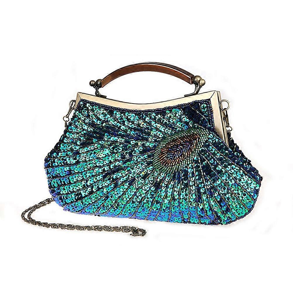 Beaded Handbag Retro Style Storage Evening Bag for Women Blue 28x17x20cm 1Pack