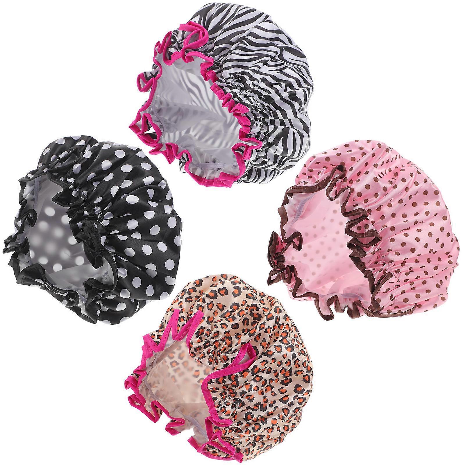 Hair Bath Cap Reusable Waterproof Double Layer Pink with Coffee Dot For Shower 4Set