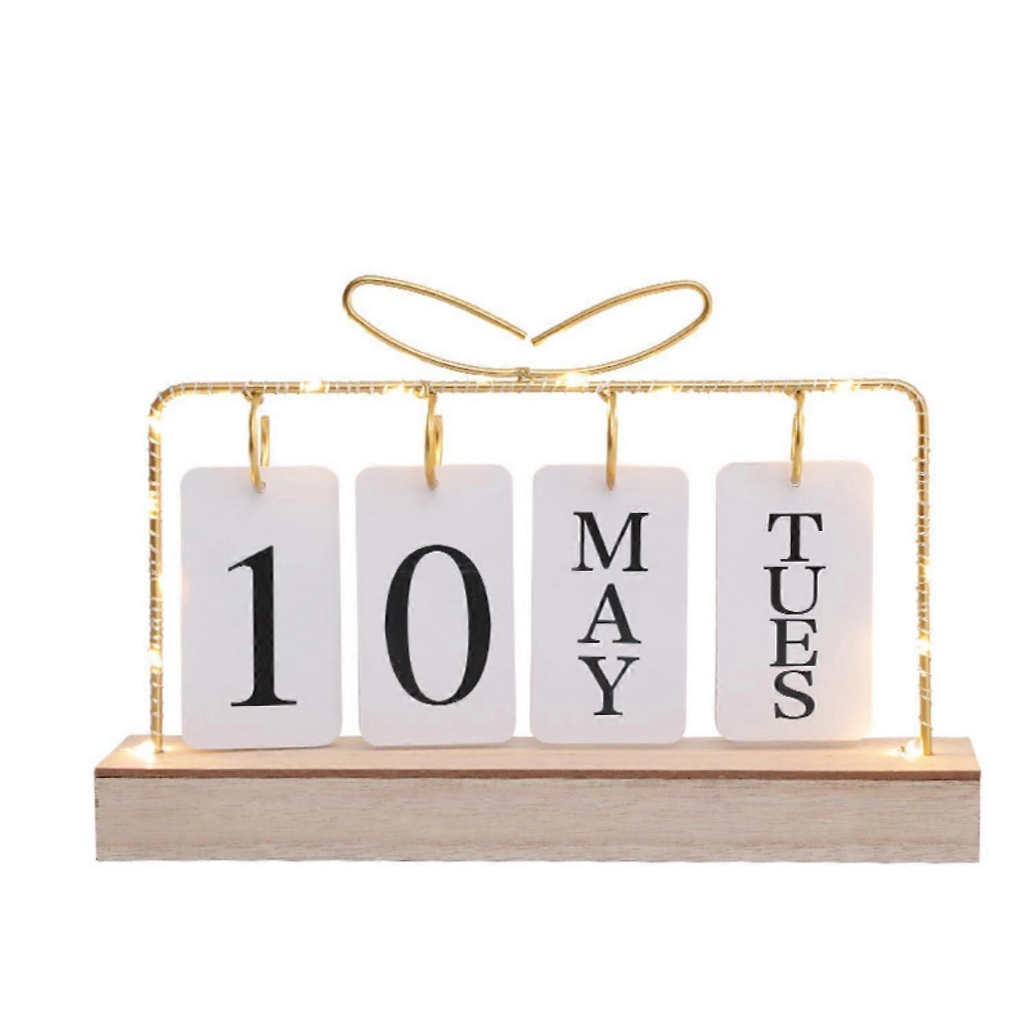 Wooden Desk Calendar with Metal Folding Design, Large Display Perpetual Flip Calendar, Rustic Farmhouse Decor in C-Gold
