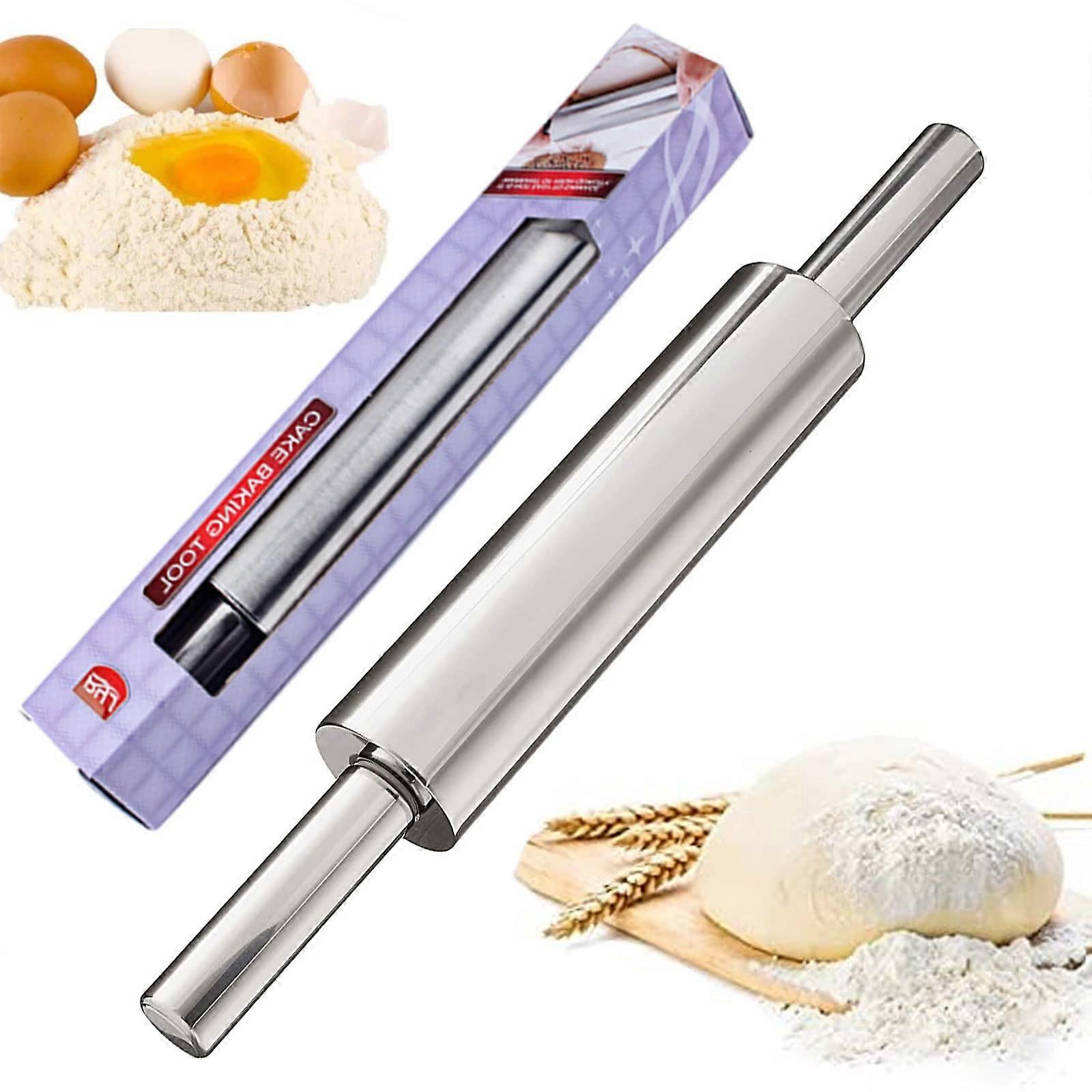 Stainless Steel Rolling Pin for Baking and Rolling Dough with Wooden Handles for Evenly Rolled Dough