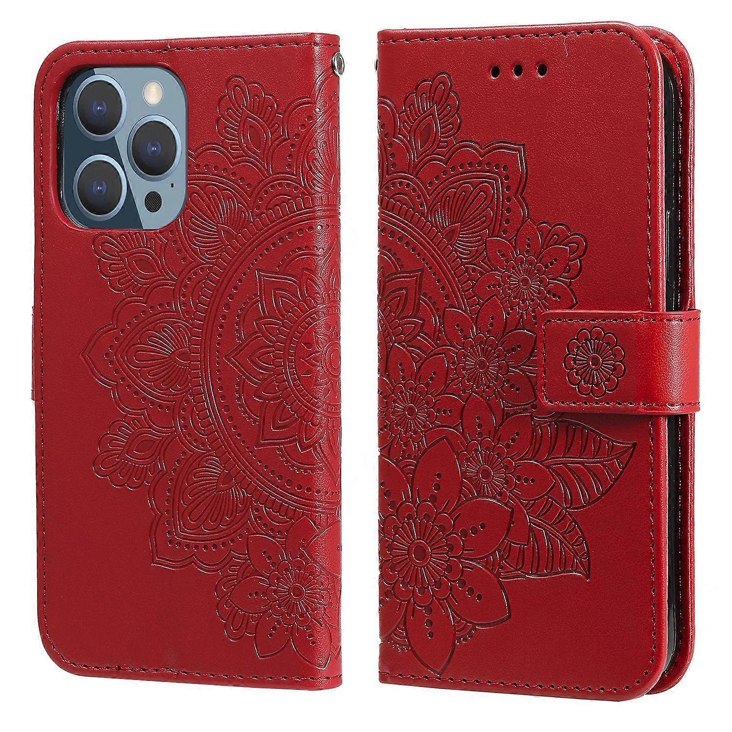 Iphone 14 İçin Kırmızı Mandala Deri Kart Yuvası Flip Stand Koruma No88814 Kılıfı