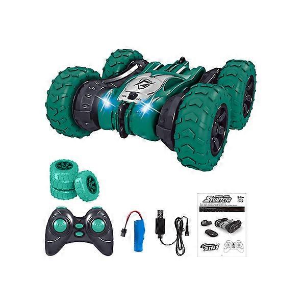 Remote control stunt car with long driving time and tire change, green
