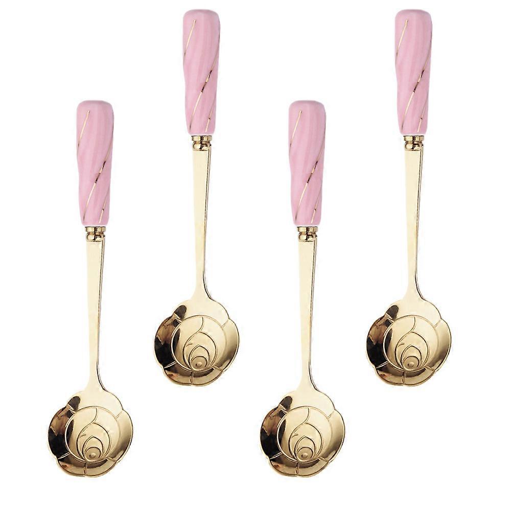 4pcs Elegant Flower Dessert Spoons with Handle for Ice Cream Coffee in Kitchen