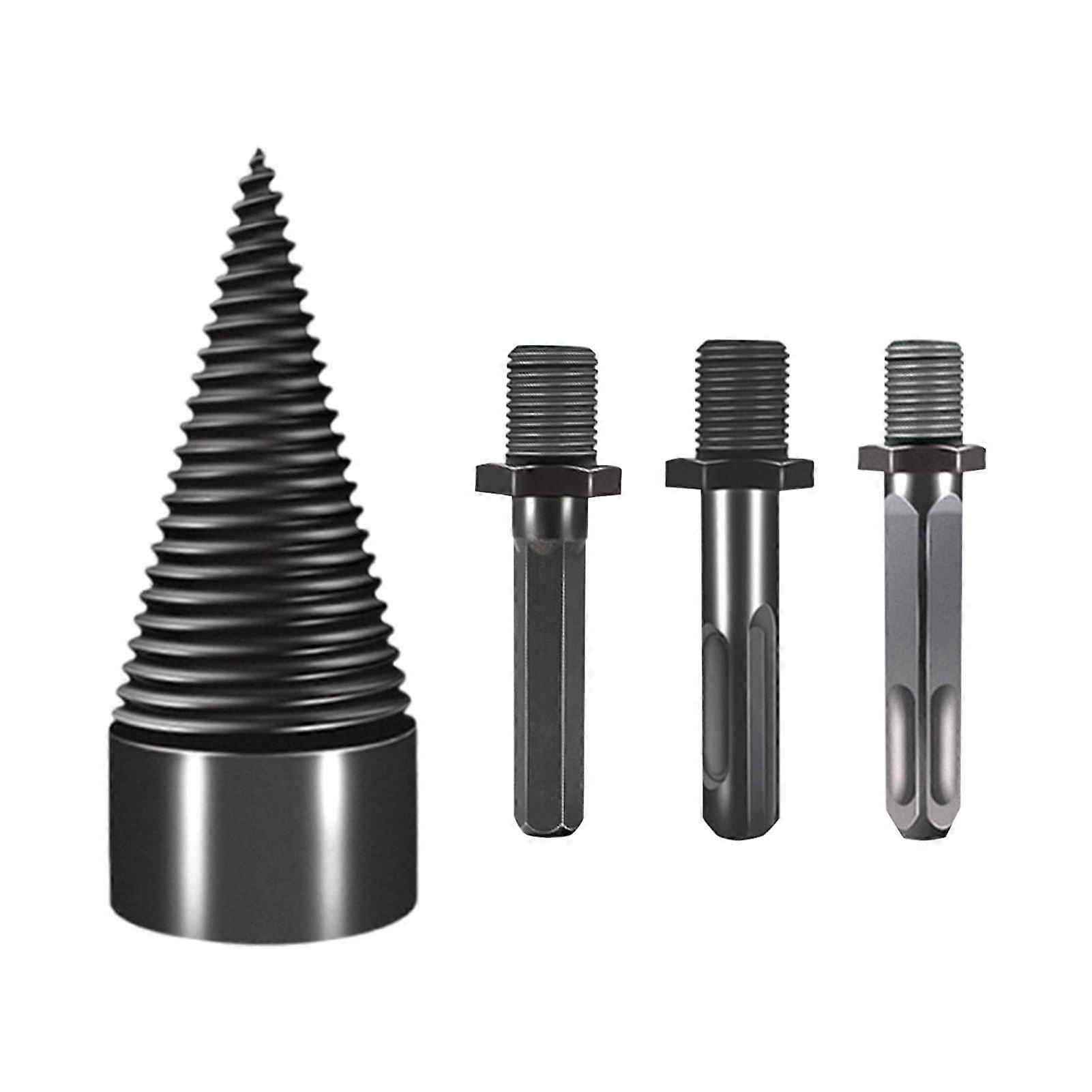 Drill Cone Wood Splitter 32 mm with 3 Drill Handles, Screw Cone Shaft, Spiral Drill Cone Splitter, Carbon Steel for Household