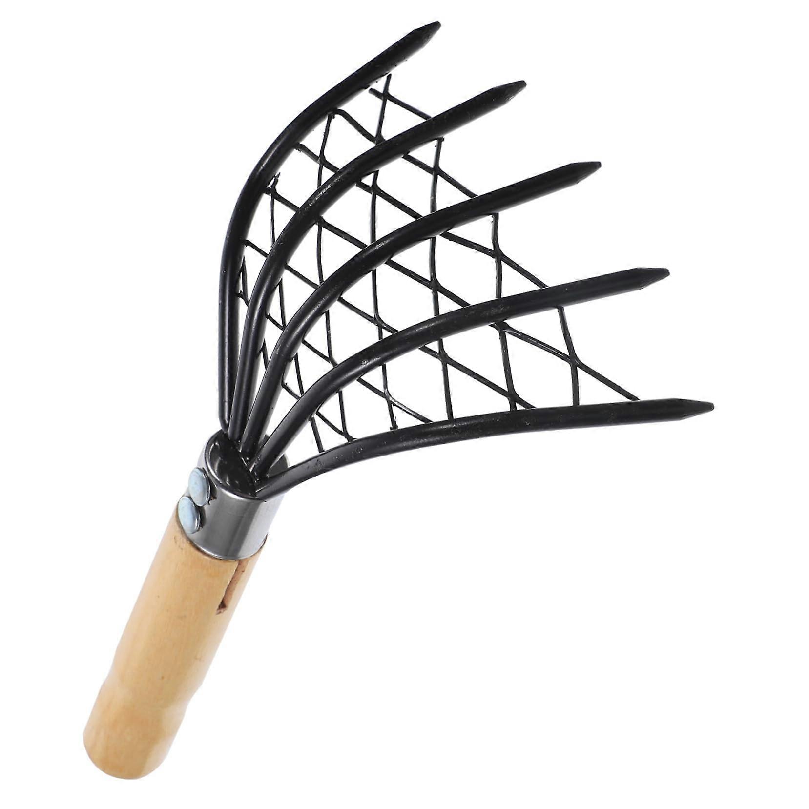 1 piece of shell rake with wooden handle, an effective tool for clams and oysters at the beach, easy to use and nonslip for seafood.