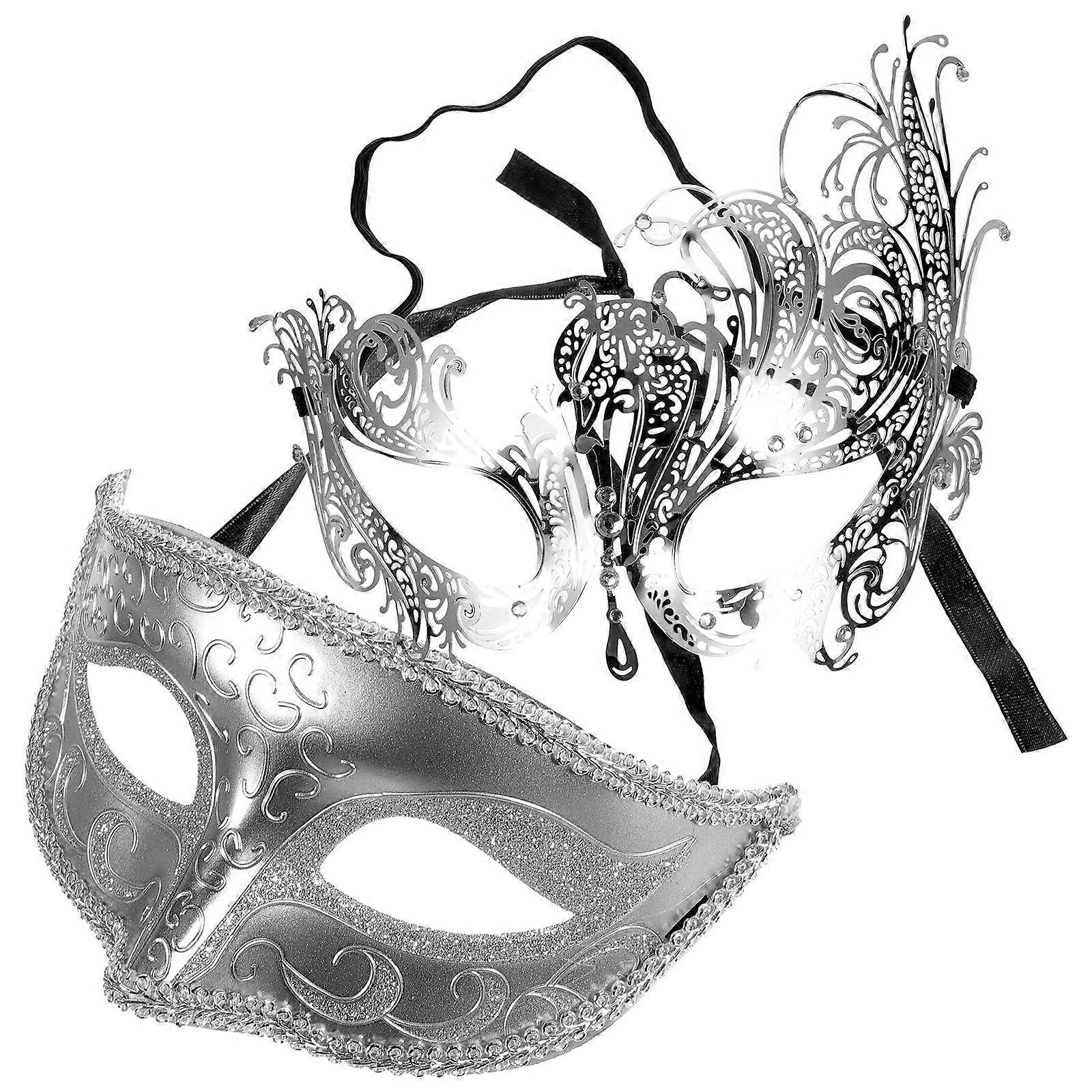 Party Mask For Adults In Silver Metallic Finish With Delicate Designs Perfect For Stage Performance 2Pcs