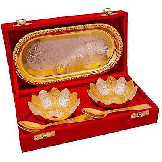 Conjunto de Tigelas Alemãs Prateadas e Banhadas a Ouro com Caixa de Presente de Veludo Real (Contém-2 Tigelas, 2 Colheres & 1 Bandeja), 100 ML
