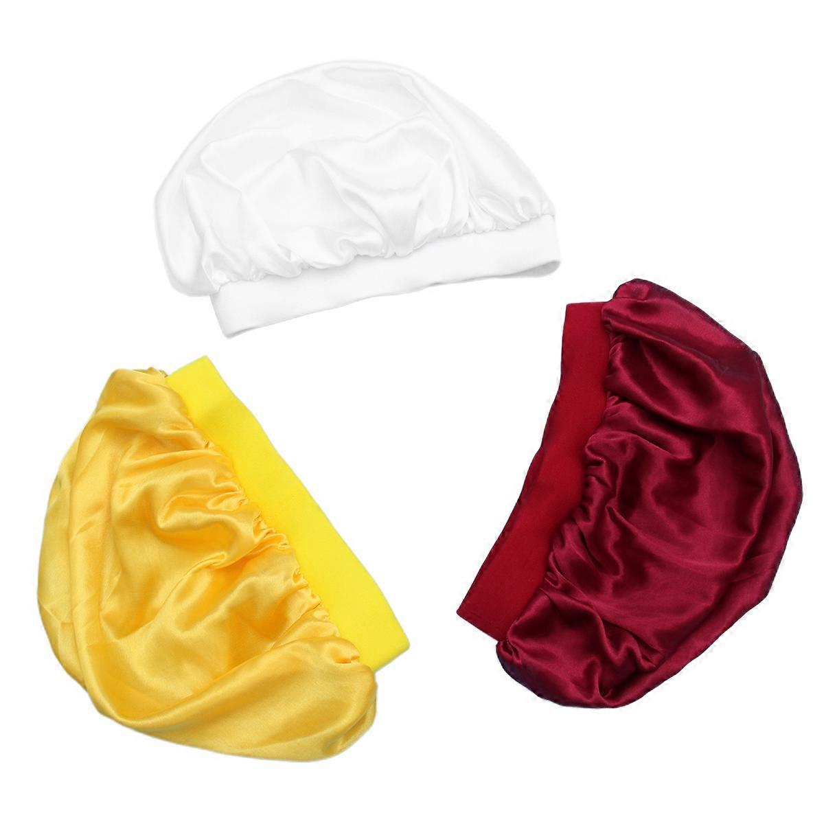 3pcs Elastic Sleep Head Cover Set – Hair Protection Cap for Night Use, Yellow, White, Wine Red