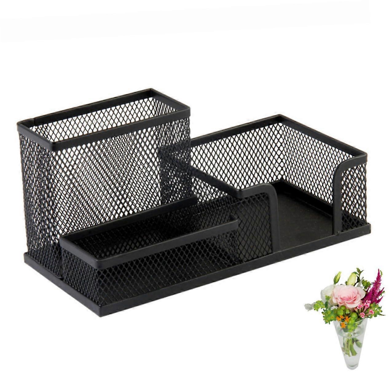 Multifunctional black metal mesh desk storage box pen holder for pens and cosmetics, keeping your workspace neat and tidy.