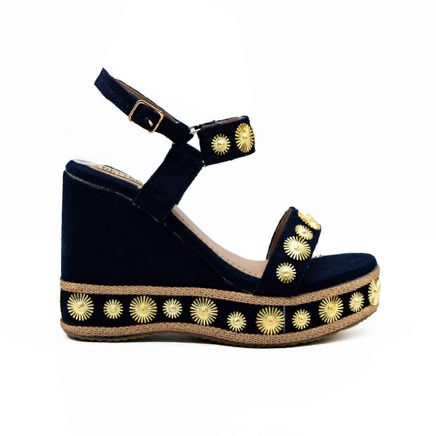 Rettrose jasmine navy luxury women’s wedge heels – hand embellished suede high heel sandals in black-toned design
