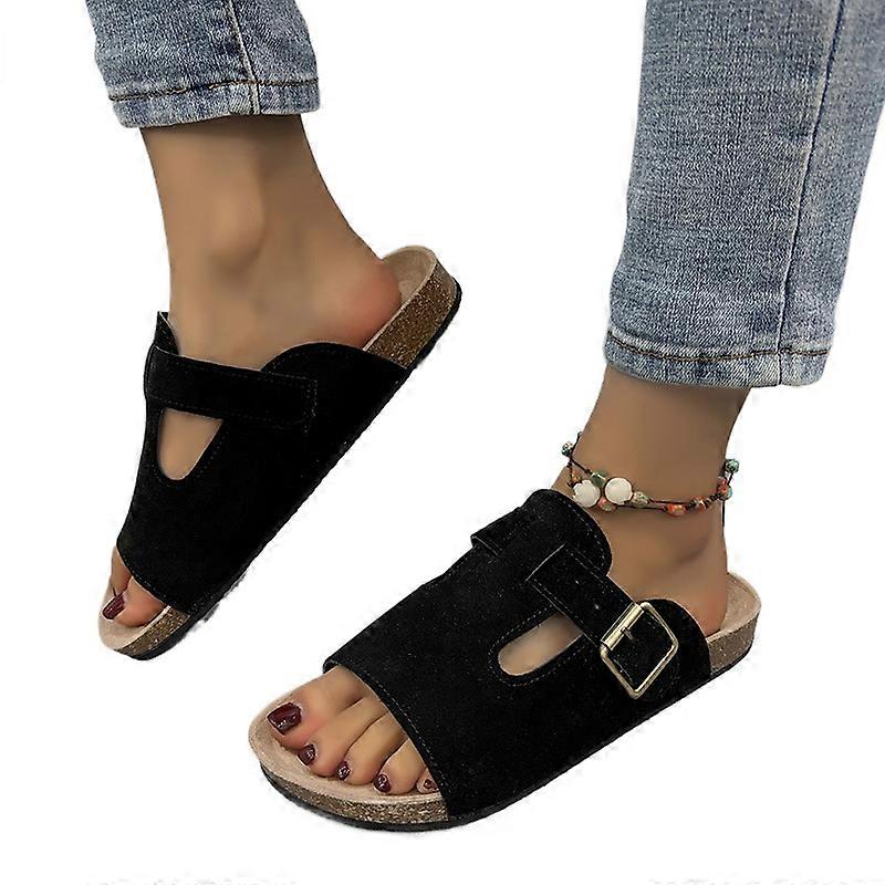 Womens Large Size Retro Sandals Summer 2025 New Suede Leather Flat Slides Open