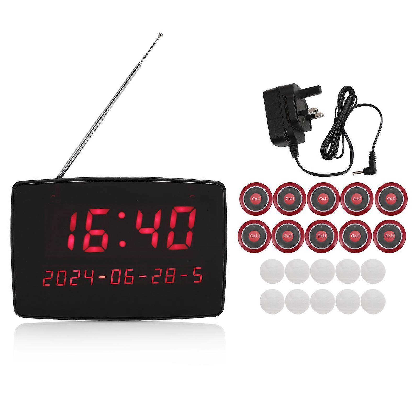 Wireless Calling System with 10 Waterproof Call Buttons and 1 Display Receiver for Nurses Station Restaurant UK Plug 100-240V