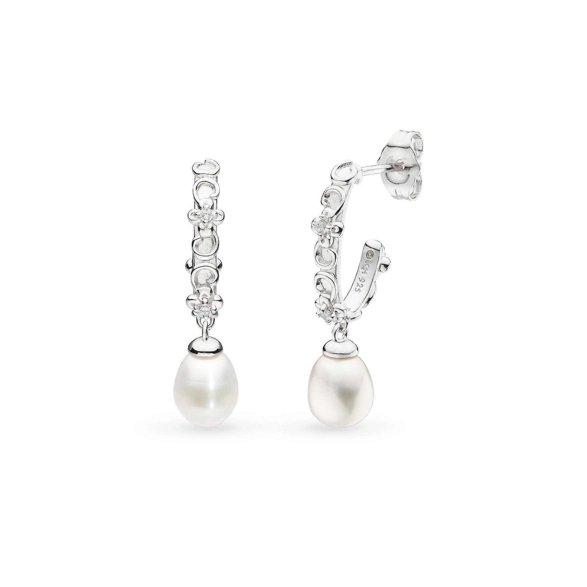 Kit Heath Blossom Flyte Honey Flower Zirconia Rhodium Plated Oval Semi Hoop Stud Earrings 50334FPC