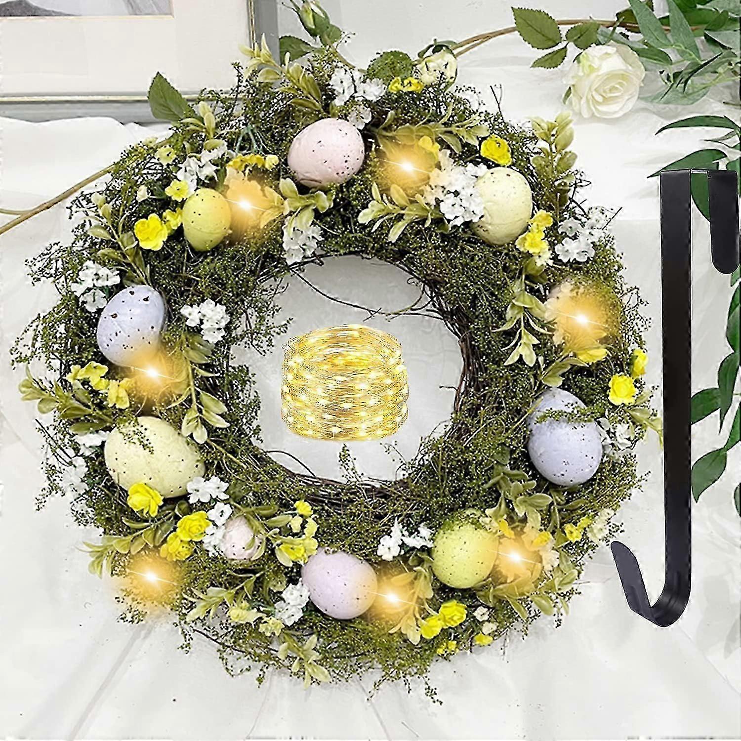 Artificial Easter Wreath Decorations with LED String Lights,Hanger - 40cm for Front Door,Wall Hanging,Spring Wreath with Eggs for Easter Holiday Home