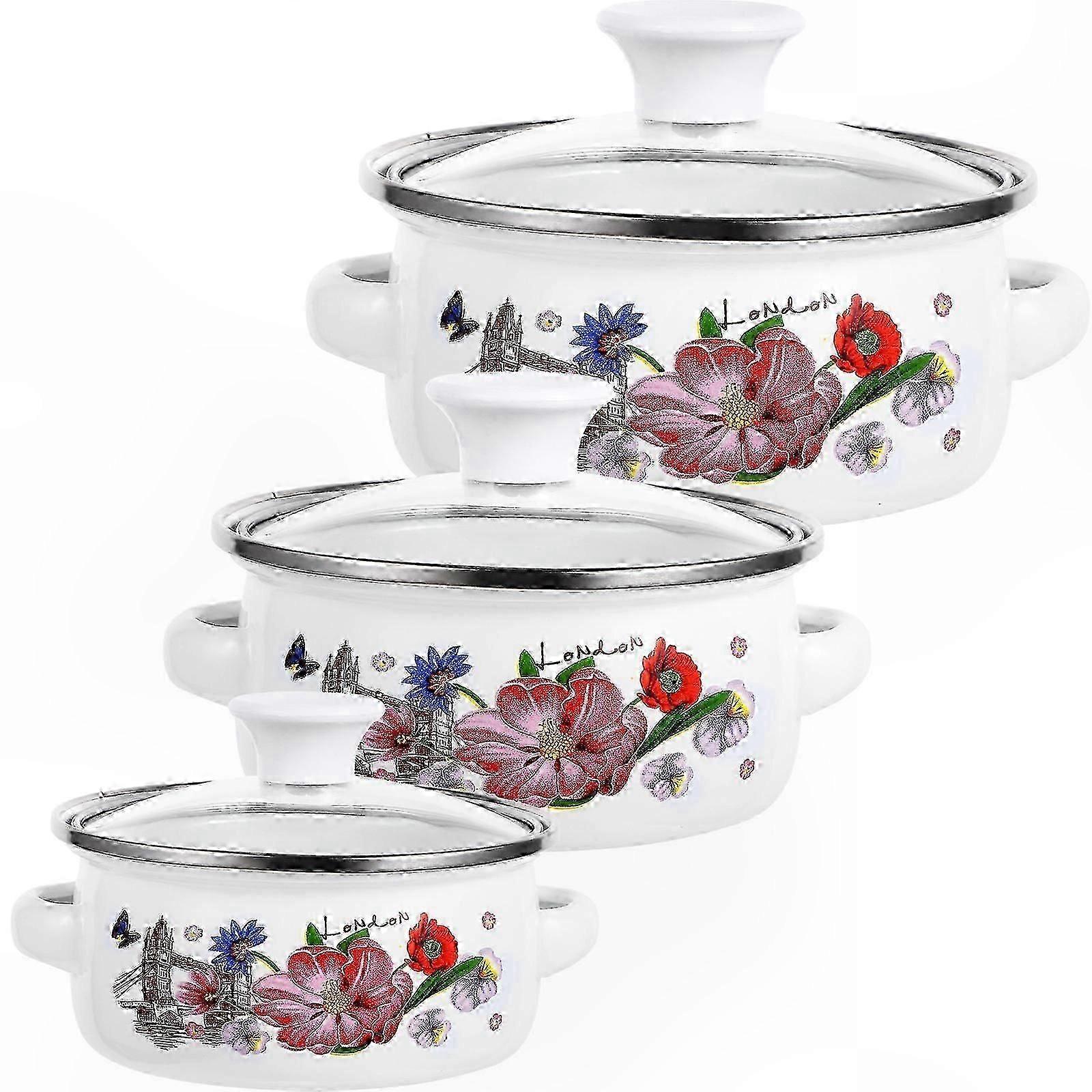 Floral Enamel Cookware Set with Double Handles, 3-Piece Stock Pot Collection