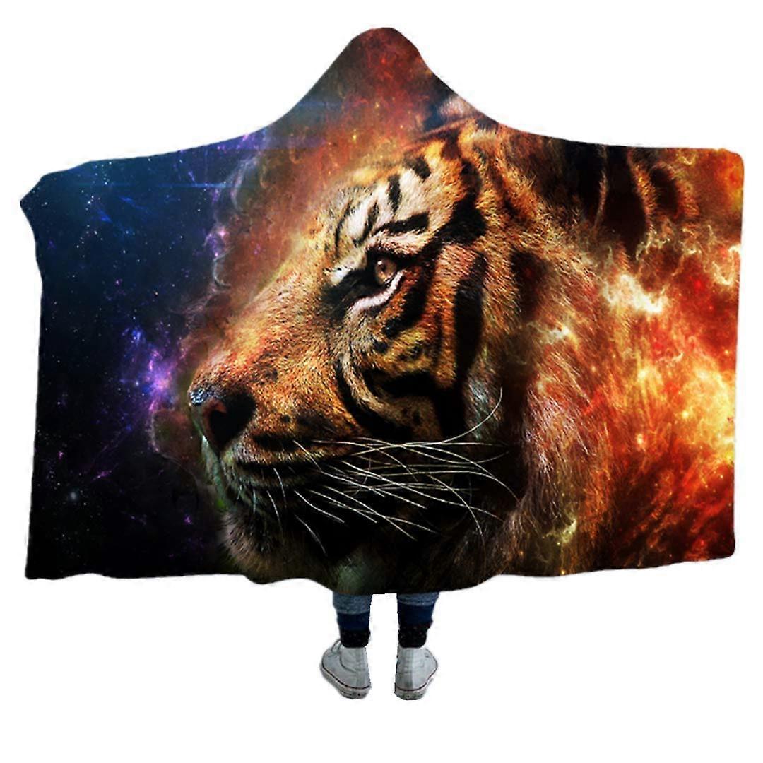 3D Tiger Head Pattern Plush Warm Cloak/Sherpa Blanket, 60x80 In, Hooded Travel Blanket, Train/Plane Blanket, Sofa Bed Throw