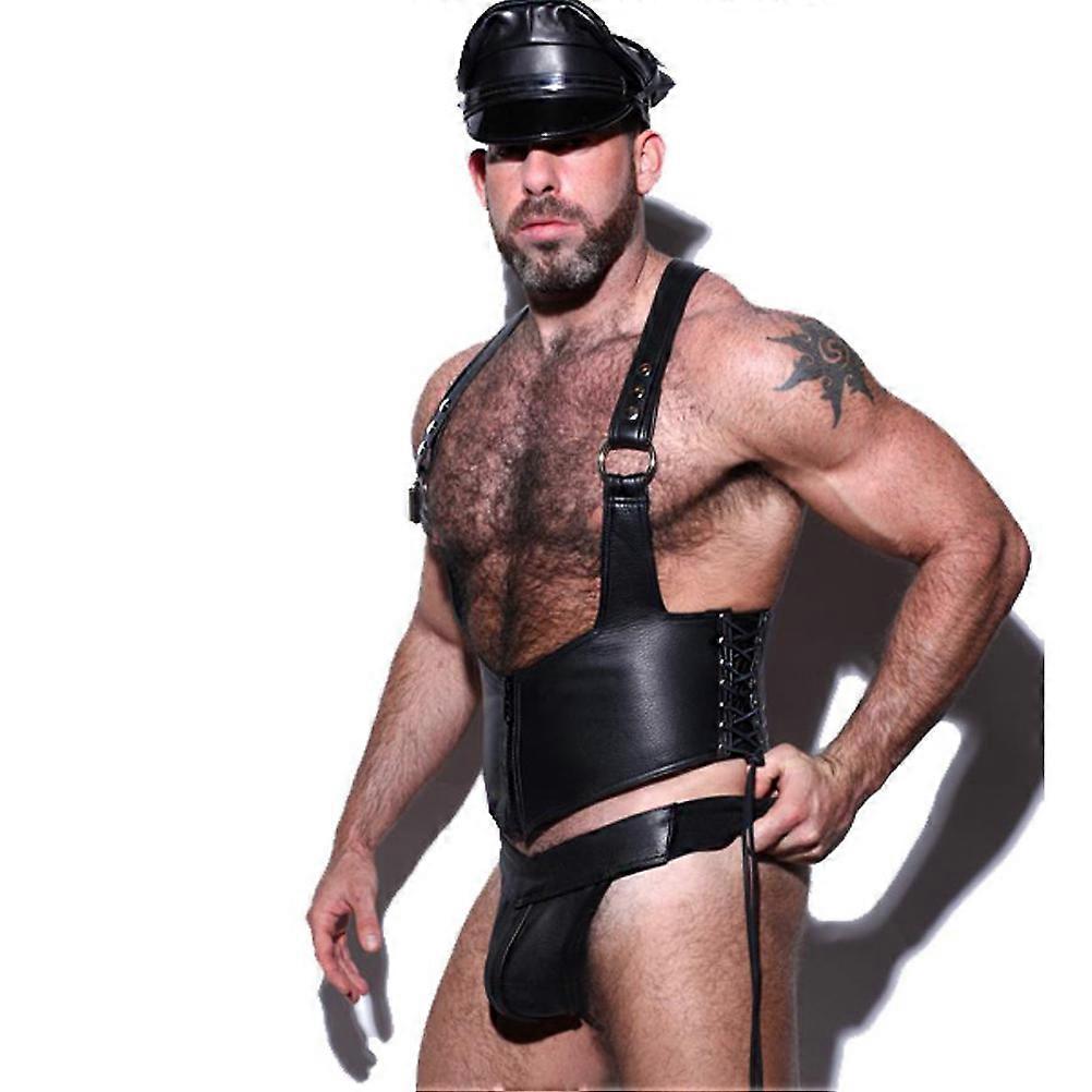 PU Undershirt Men's Back Hollow Out Singlet Bodysuits 2Pcs Set