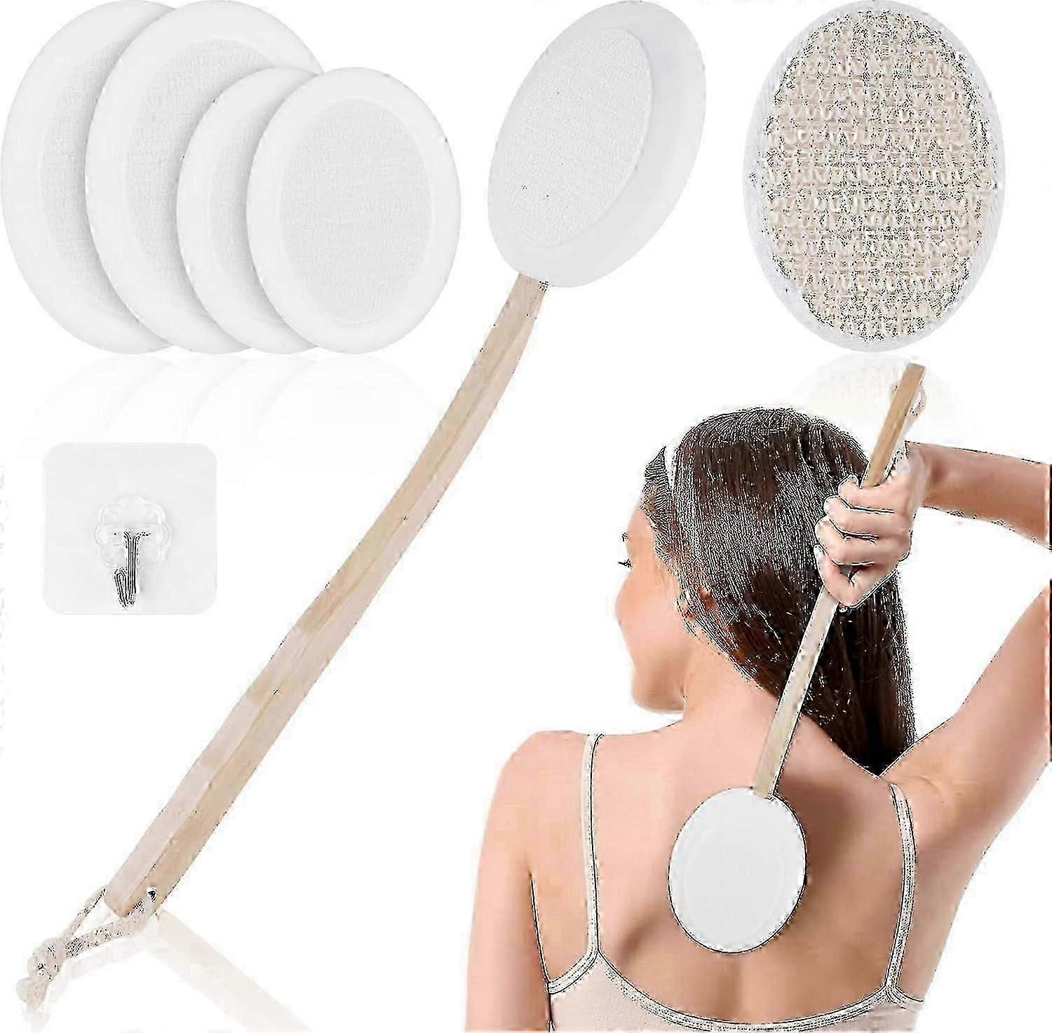 Back Cream Applicator, Back and Body Lotion Applicator with 4 Replaceable Brush Heads and 1 Hook, Long Handle Bath Brush Shower Massage Brush