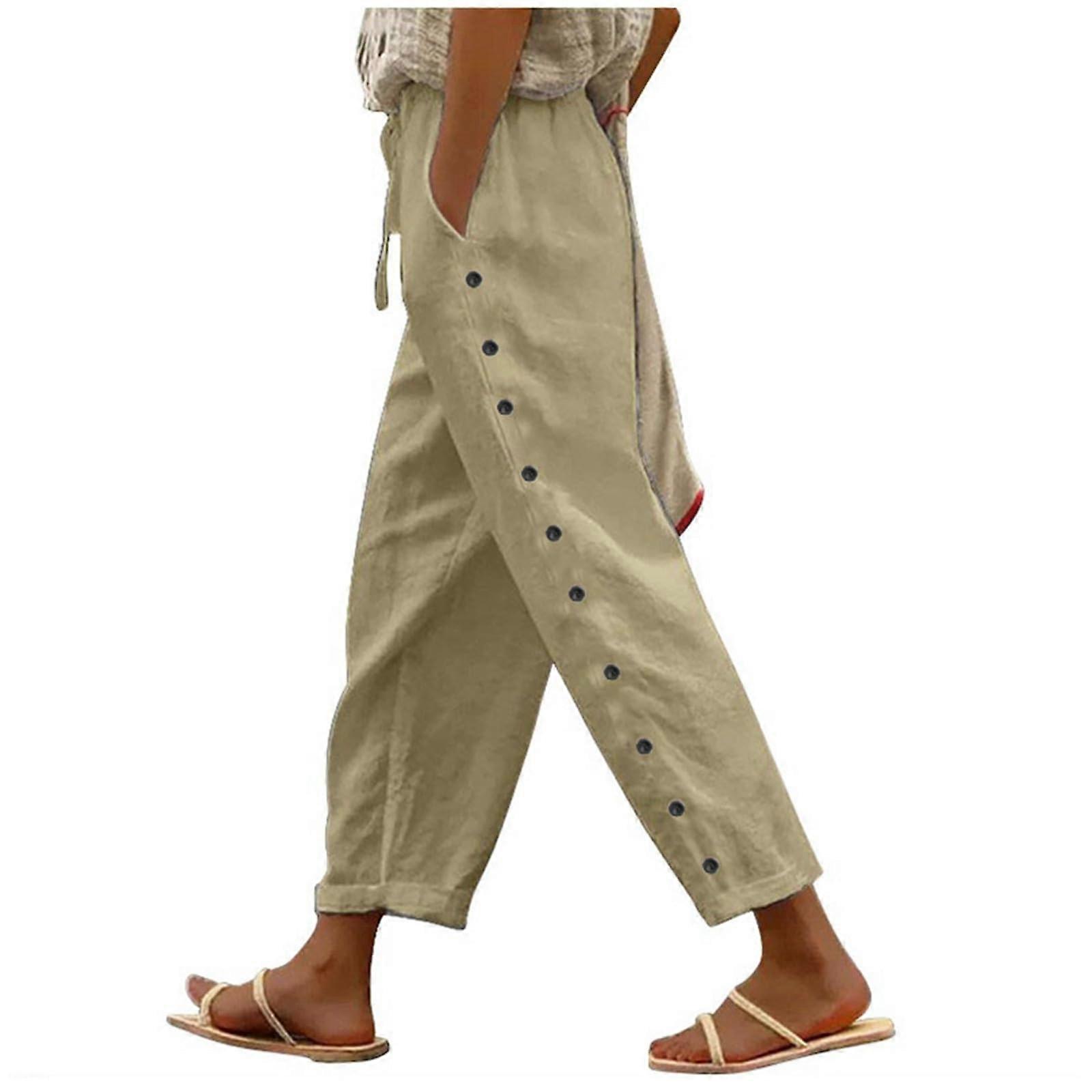 Women's Casual Pants Solid Color Khaki Elastic Waist Loose Fit With Side Button Design Nine Point Style Size S