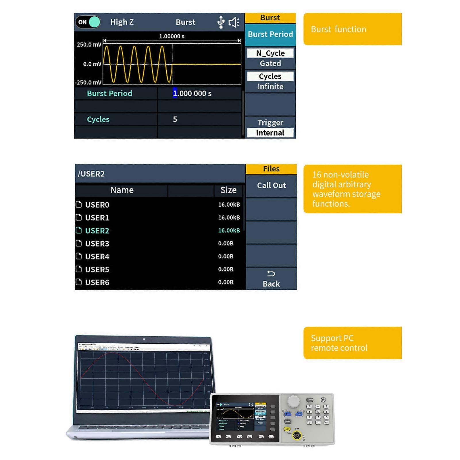 60MHz 300MSa/s Arbitrary Waveform Generator Single Channel 1CH 3.6inch LCD Display Benchtop 14Bits Waveform Generator