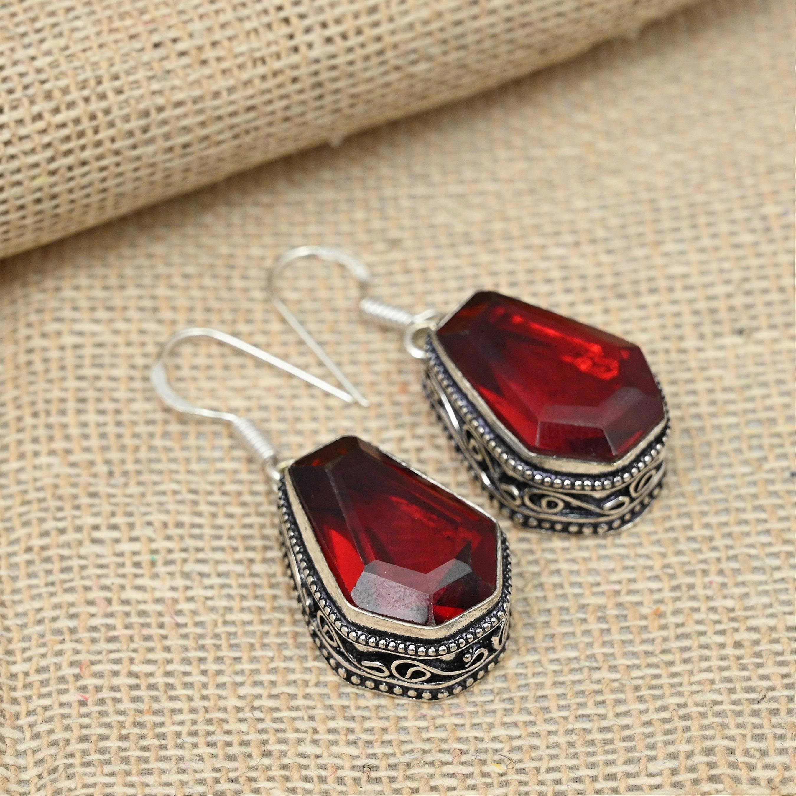 Orecchini in argento sterling 925 con pietra preziosa di granato rosso, fatti a mano, per lei