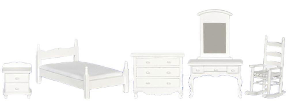 دمى البيت الأبيض الخشب أثاث غرفة نوم واحدة تعيين مصغرة مع كرسي هزاز